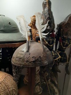Antique Indian Kula kud steel helmet with brass Katar thrust dagger decorations No 2. .  White swan feathers no nasal bar. £235.00